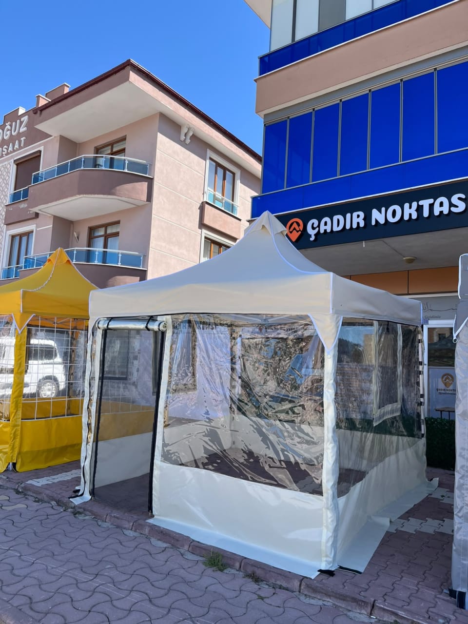CADNOX Vistral 3×3 şeffaf kış bahçesi kamp çadırı – beyaz sağ çapraz görünüm