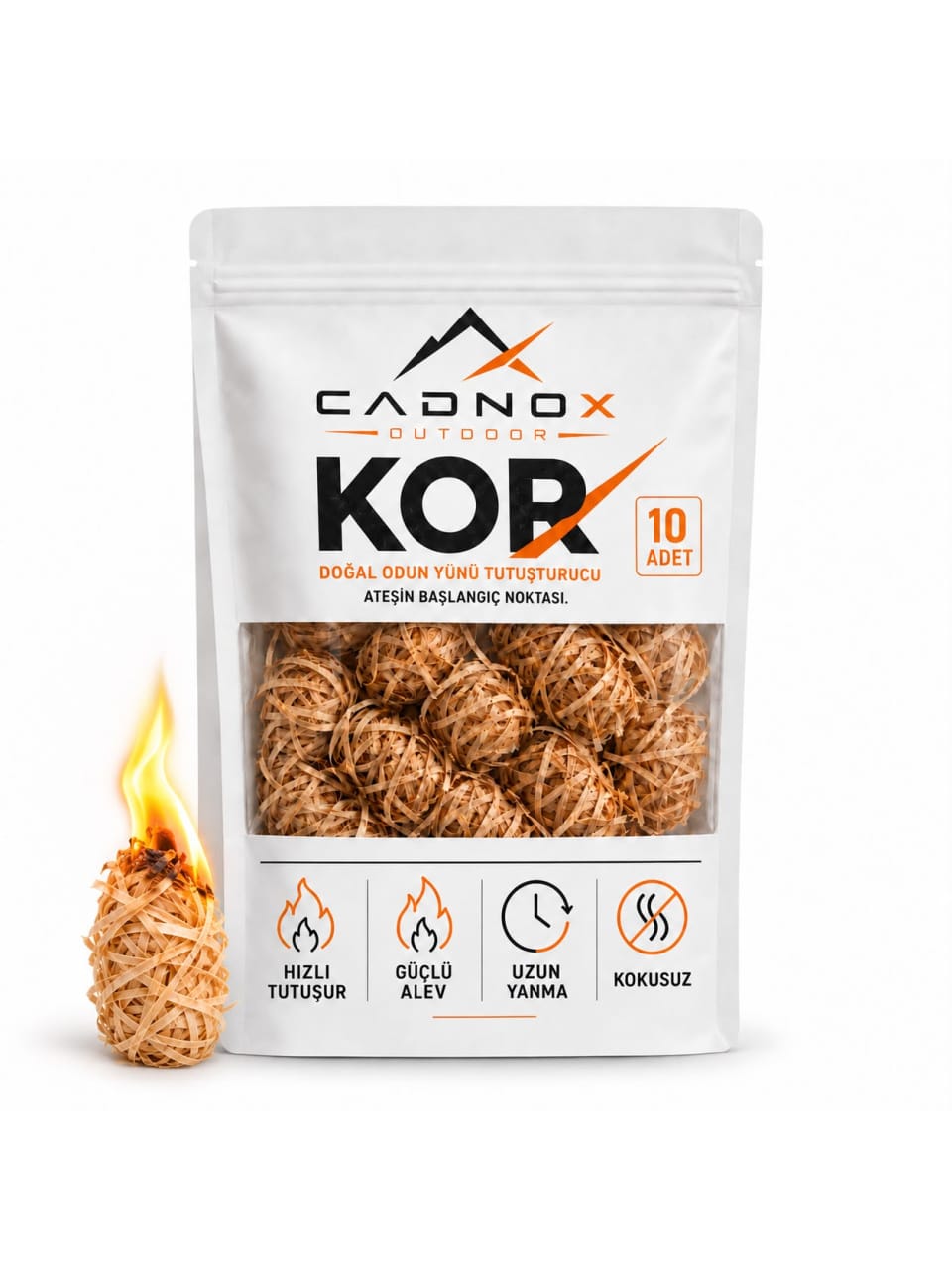 CADNOX KOR doğal odun yünü tutuşturucu 10 adet paket ve yanan tutuşturucu