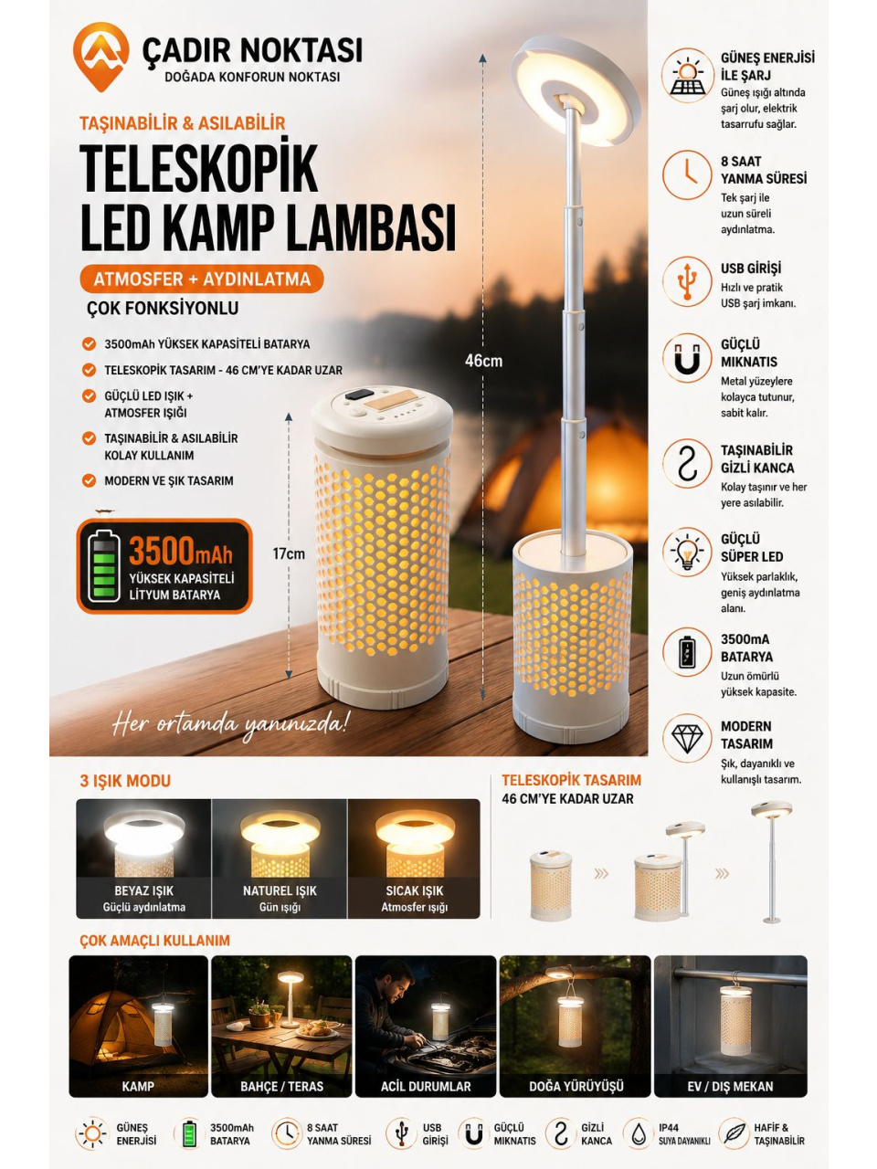 Taşınabilir & Asılabilir Teleskopik LED Kamp Lambası — Atmosfer + Aydınlatma, Çok Fonksiyonlu (3500mA)