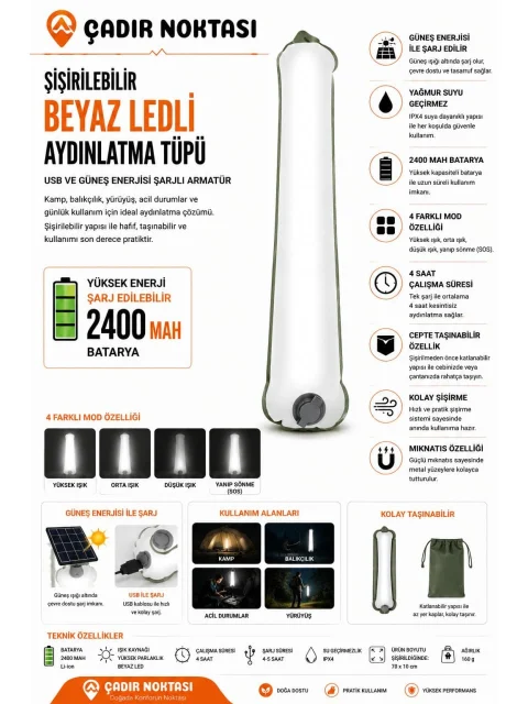 Şişirilebilir Beyaz Ledli Aydınlatma Tüpü USB Ve Güneş Enerjisi Şarjlı Armatür ürün görseli