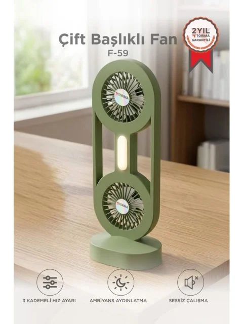Şarjlı Çift Başlıklı Vantilatör 1200 mAh – Işıklı Yeşil detay görseli 1