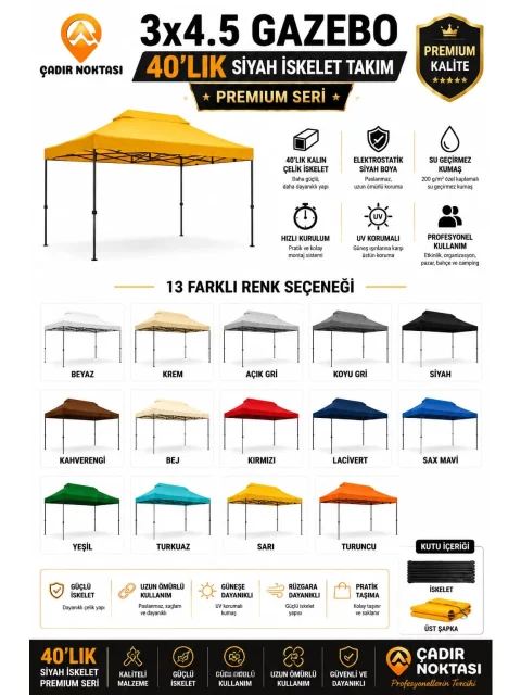 3×4,5 Premium Gazebo Çadır Siyah İskelet Takımı – 40’lık detay görseli 1