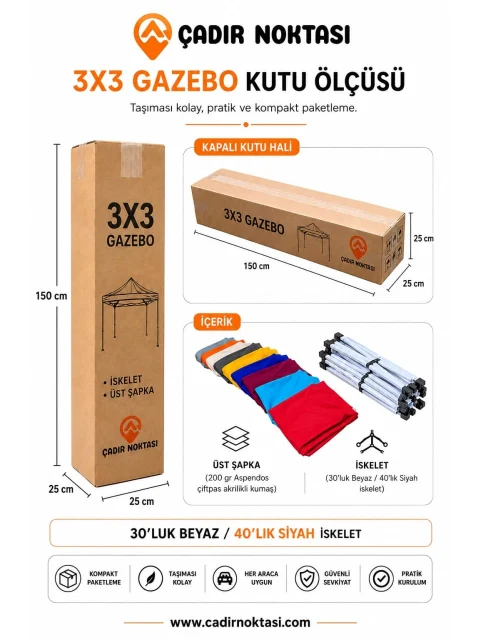 3×3 Gazebo Çadır Kapalı Kutu İçeriği ürün görseli