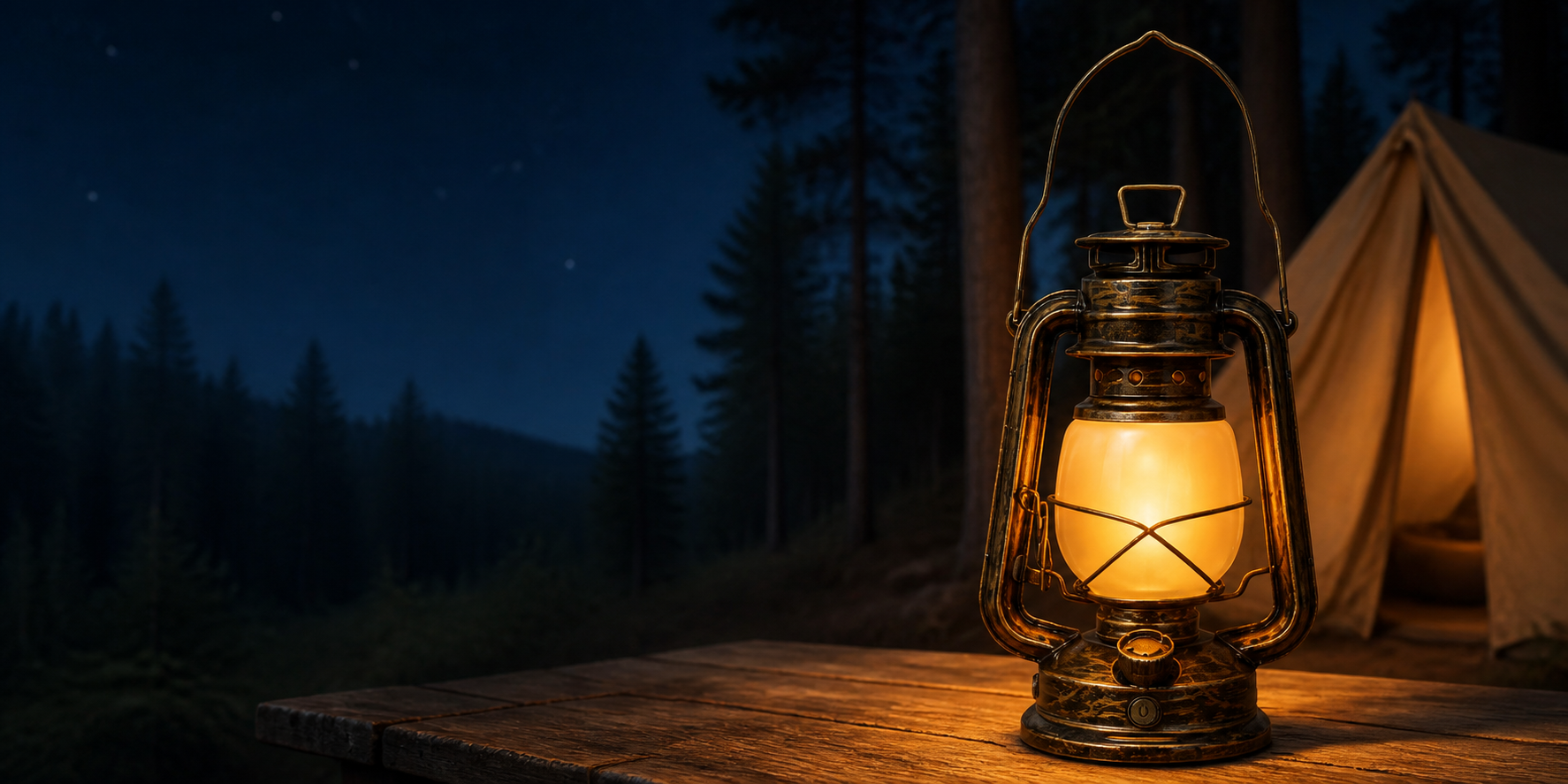 Nostaljik retro kamp lambası gece orman kampında