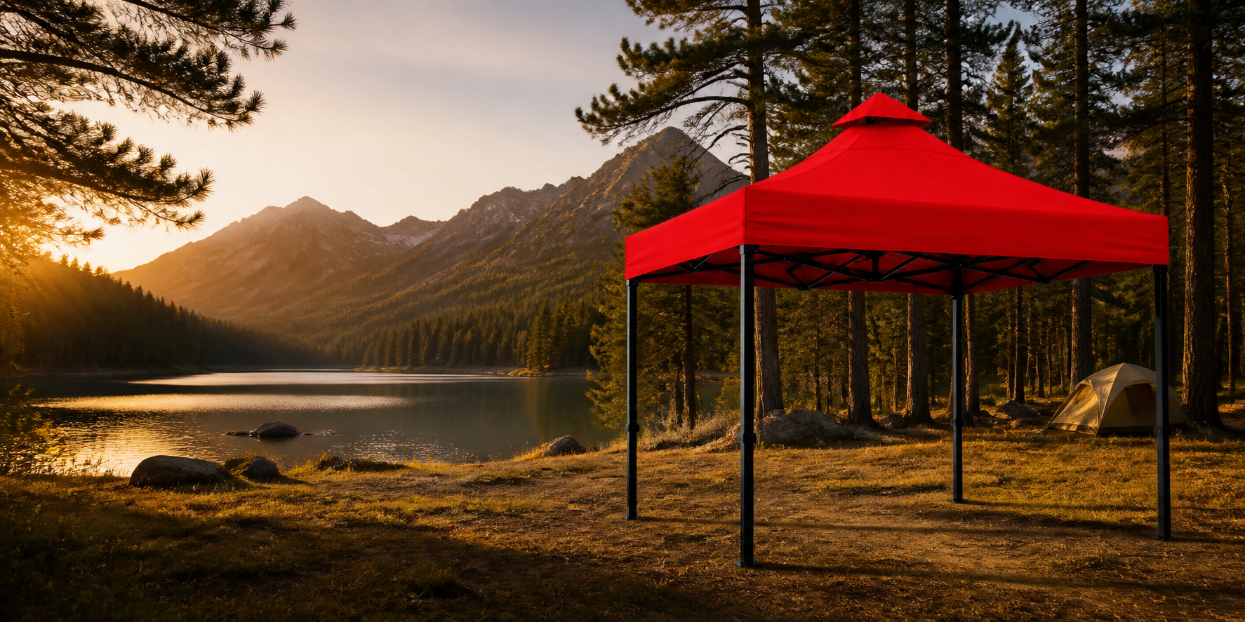 Kırmızı premium gazebo çadırı doğada göl kenarında