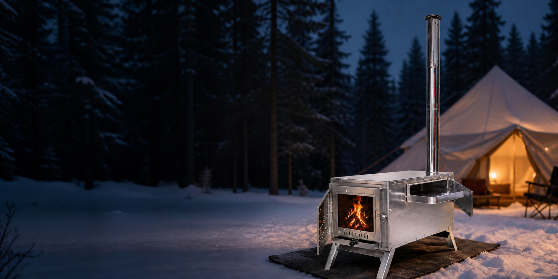 Winter Plus paslanmaz kamp sobası karlı orman kampında