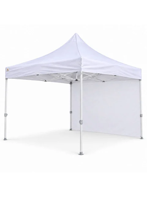 3×3 tek yan kapalı gazebo, 30’luk beyaz iskelet, üst bez ve bir düz kumaş yan panel