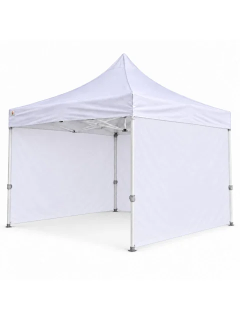 3×3 üç yan kapalı gazebo, 30’luk beyaz iskelet, üç düz kumaş panel ve açık ön giriş