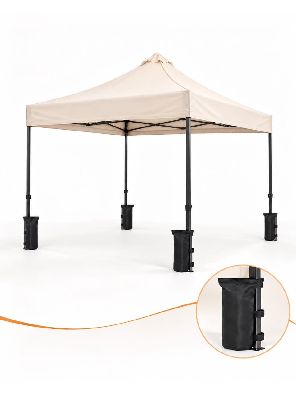 Gazebo ayaklarına takılı siyah CADNOX çadır sabitleme ağırlık torbaları, 4’lü set kullanım örneği