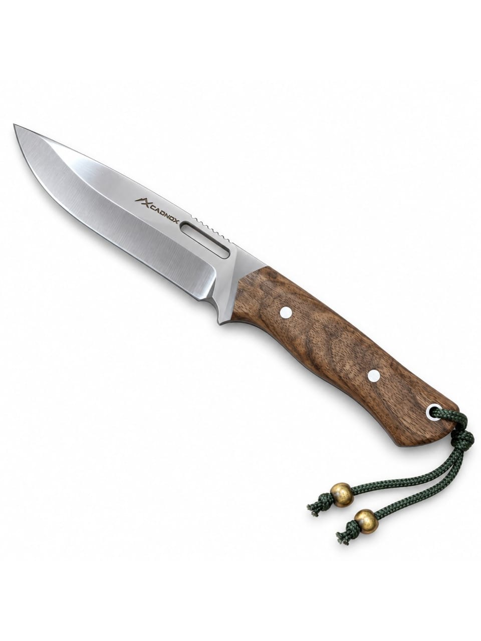 CADNOX Bushcraft kamp bıçağı kök ceviz sapı ve yeşil kordonuyla beyaz zeminde