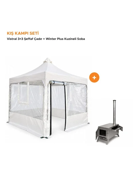 CADNOX Kış Kampı Seti – Vistral 3×3 Şeffaf Çadır ve Winter Plus Kuzineli Soba