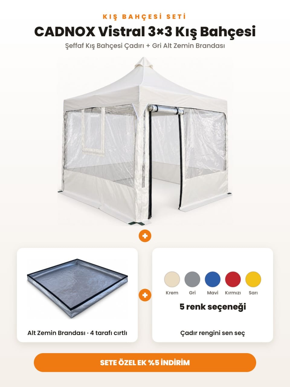 CADNOX Vistral 3×3 Kış Bahçesi Seti – şeffaf kış bahçesi çadırı ve gri alt zemin brandası