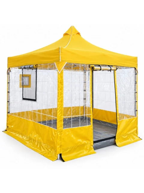 CADNOX Vistral Çizgili 3×3 sarı şeffaf kış bahçesi kamp çadırı, kapalı gri tabanıyla beyaz zeminde