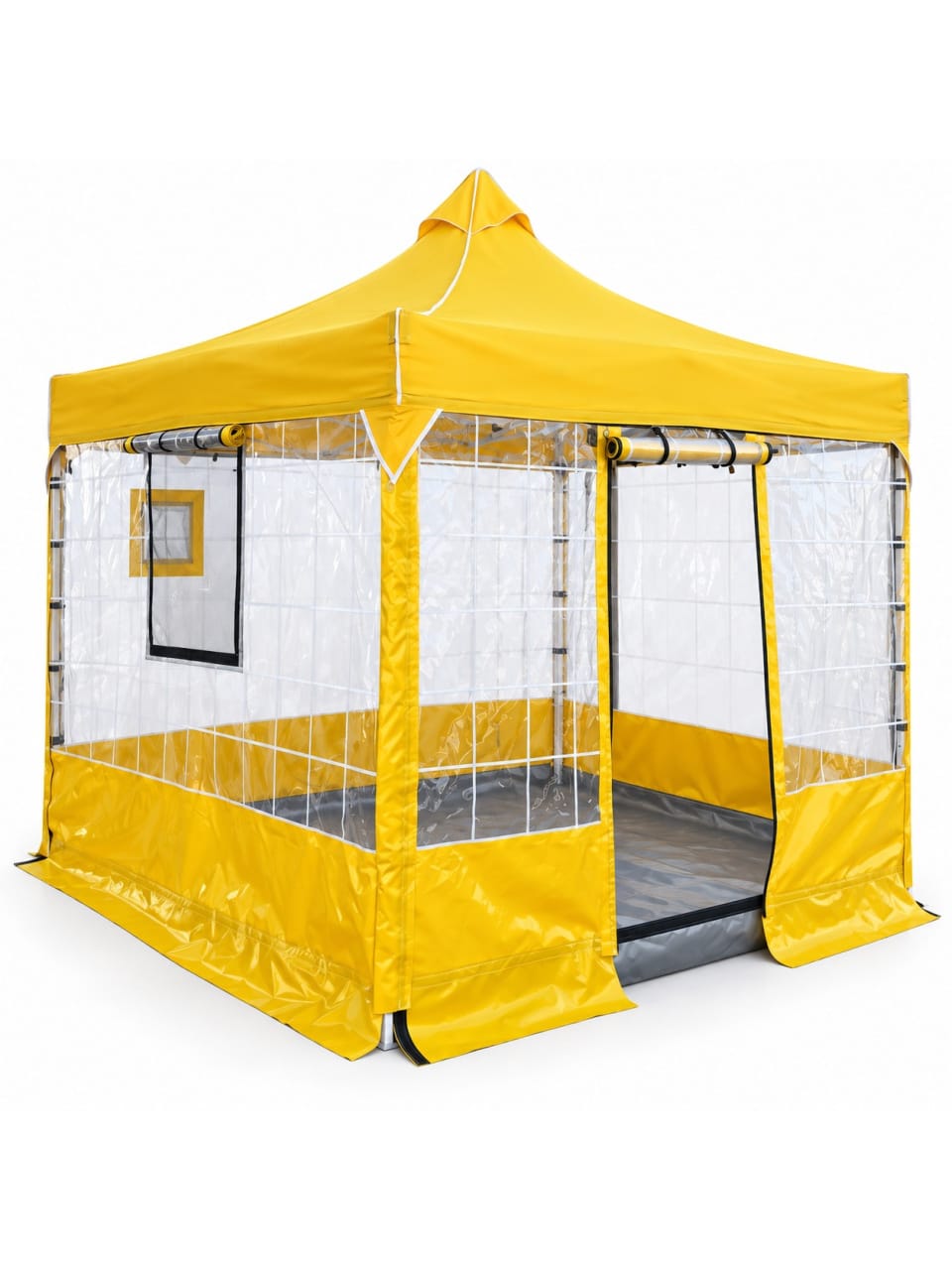 CADNOX Vistral Çizgili 3×3 sarı şeffaf kış bahçesi kamp çadırı, kapalı gri tabanıyla beyaz zeminde