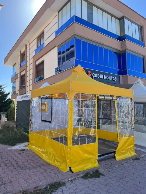 CADNOX Vistral Çizgili 3×3 şeffaf kış bahçesi kamp çadırı – sarı genel görünüm
