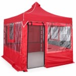 CADNOX Vistral Plus 3×3 kırmızı şeffaf perdeli kış bahçesi kamp çadırı beyaz zeminde