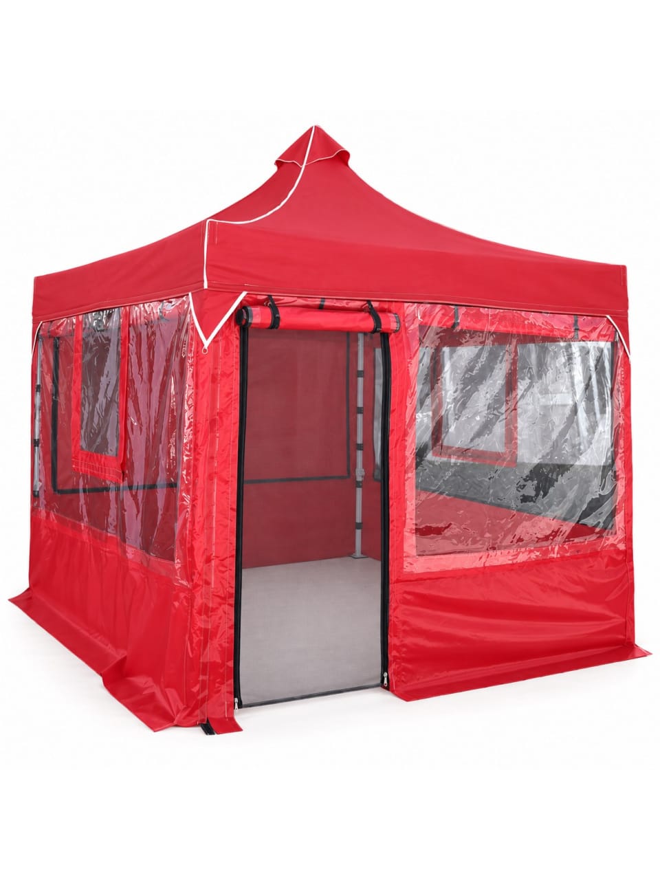 CADNOX Vistral Plus 3×3 kırmızı şeffaf perdeli kış bahçesi kamp çadırı beyaz zeminde