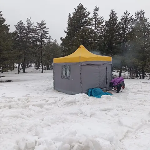 Karlı ormanda sarı tavanlı sobalı gazebo çadır