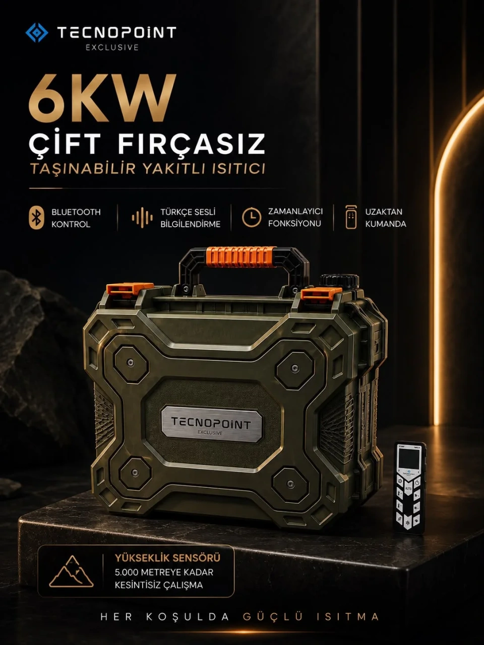 Tecnopoint Exclusive 6 kW çift fırçasız taşınabilir yakıtlı ısıtıcı: Bluetooth kontrol, Türkçe sesli bilgilendirme, zamanlayıcı, uzaktan kumanda